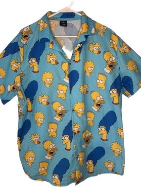 Simpsons Print Short-Sleeve Button-Down Shirt - Blue